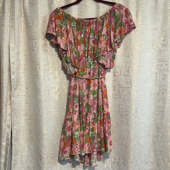 Rachel Zoe Mini Dress‎ Green Pink Floral Ruffle Off Shoulder Women's Size Medium - Picture 2 of 8